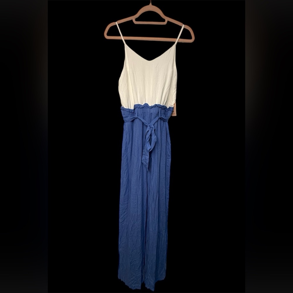 NWT AVA D MOSS Blue and White Jumpsuit with Belt Size Small